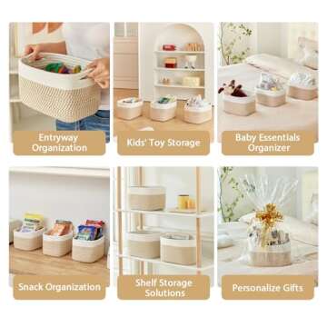 R RUNKA Small Cotton Rope Storage Basket Set of 3-11"x7"x7" Perfect Woven Baskets for Storage, Ideal Storage Baskets for Organizing Toys, Towels, and More - Baskets for Shelves（White & Mixed Camel）