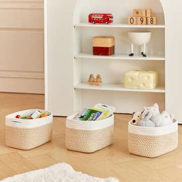 R RUNKA Small Cotton Rope Storage Basket Set of 3-11"x7"x7" Perfect Woven Baskets for Storage, Ideal Storage Baskets for Organizing Toys, Towels, and More - Baskets for Shelves（White & Mixed Camel）