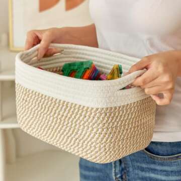 R RUNKA Small Cotton Rope Storage Basket Set of 3-11"x7"x7" Perfect Woven Baskets for Storage, Ideal Storage Baskets for Organizing Toys, Towels, and More - Baskets for Shelves（White & Mixed Camel）