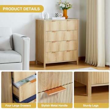 XUZENEST4 Drawer Double Dressers for Bedroom with Waveform Fluted Panel Design, Modern Wide Chest of Drawers,Wood Storage Dresser Chest of Drawers for Bedroom Living Room Hallway Closet,Natural 2 Sets