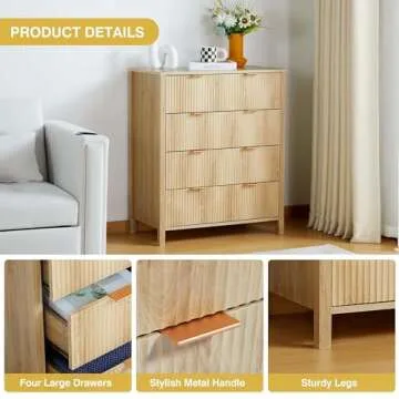 XUZENEST4 Drawer Double Dressers for Bedroom with Waveform Fluted Panel Design, Modern Wide Chest of Drawers,Wood Storage Dresser Chest of Drawers for Bedroom Living Room Hallway Closet,Natural 2 Sets