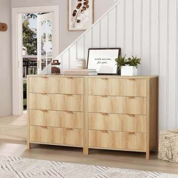 XUZENEST4 Drawer Double Dressers for Bedroom with Waveform Fluted Panel Design, Modern Wide Chest of Drawers,Wood Storage Dresser Chest of Drawers for Bedroom Living Room Hallway Closet,Natural 2 Sets