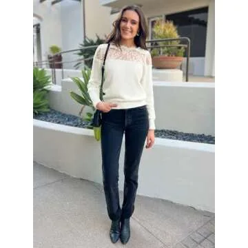 MIHOLL Sweaters for Women 2024 Trendy Long Sleeve Lace Crewneck Knit Warm Pullover Sweater White M