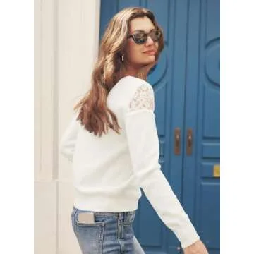 MIHOLL Sweaters for Women 2024 Trendy Long Sleeve Lace Crewneck Knit Warm Pullover Sweater White M