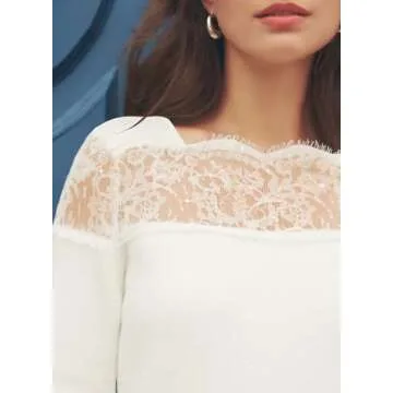 MIHOLL Sweaters for Women 2024 Trendy Long Sleeve Lace Crewneck Knit Warm Pullover Sweater White M