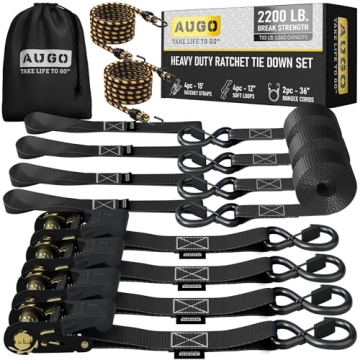 AUGO Ratchet Straps Heavy Duty 4 Pack -15 FT - 2200 LB Break Strength – Ratchet Tie Down Straps wi...