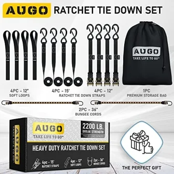 AUGO Heavy Duty Ratchet Straps 4 Pack - 2200 LB Strength