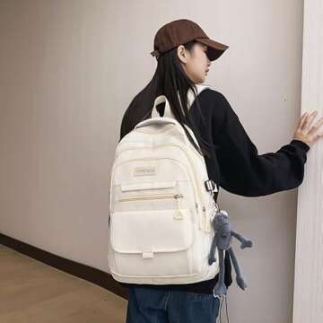 Cute Aesthetic Backpack Girls Backpack for School Large Capacity Bookbags College Backpack for Students Kids Teen Girls Laptop Bookbag Casual Travel Daypacks(White)