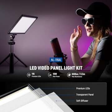 NEEWER NL-116AI 9" LED Video Light Panel, Dimmable DSLR Camera Soft Light with Mini Tripod, 3200K~56...