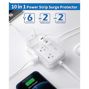 10 ft Flat Extension Cord with 6 Outlets & 4 USB Ports