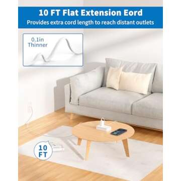 10 ft Flat Extension Cord with 6 Outlets & 4 USB Ports