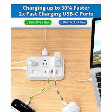 10 ft Flat Extension Cord with 6 Outlets & 4 USB Ports
