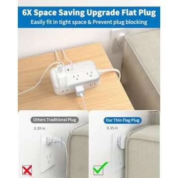 10 ft Flat Extension Cord with 6 Outlets & 4 USB Ports