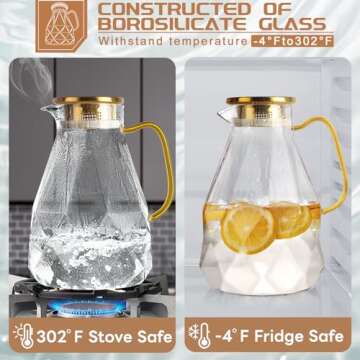 Yirilan Glass Pitcher, 2.8 Liter Water Pitcher with Lid, Beverage Serveware, Iced Tea Pitcher, Water Carafe Handle, Heat Resistant Borosilicate Jug