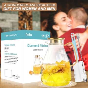 Yirilan Glass Pitcher, 2.8 Liter Water Pitcher with Lid, Beverage Serveware, Iced Tea Pitcher, Water Carafe Handle, Heat Resistant Borosilicate Jug