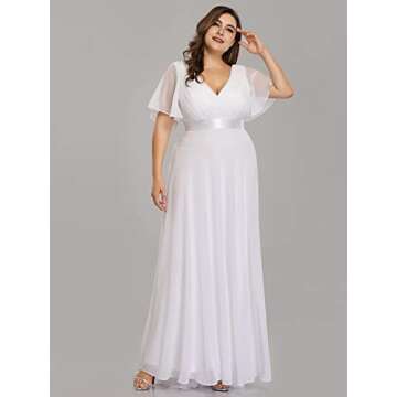Ever-Pretty Women's V-Neck Chiffon Short Sleeves Empire Waist Plus Size Formal Dresses Mother of The Bride Dresses White 18