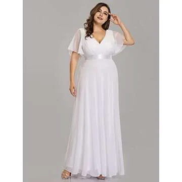 Ever-Pretty Women's V-Neck Chiffon Short Sleeves Empire Waist Plus Size Formal Dresses Mother of The Bride Dresses White 18