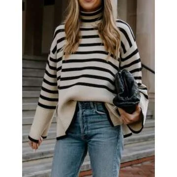 Gyrans 2024 Women's Long Sleeve Striped Sweater Turtleneck Casual Loose Side Split Ribbed Knit Overs...