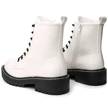 ICHIGO Women’s Fashion Ankle Booties Causal 8-Eye Side Zipper Lace-up Combat Boots(White 8)