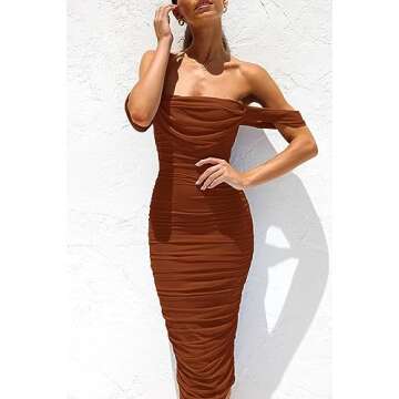 PRETTYGARDEN Women's Summer Off The Shoulder Ruched Bodycon Dresses Sleeveless Fitted Party Club Mid...