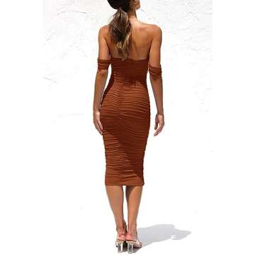 PRETTYGARDEN Women's Summer Off The Shoulder Ruched Bodycon Dresses Sleeveless Fitted Party Club Midi Dress (Caramel,Small)