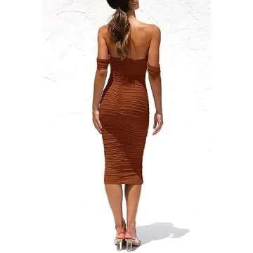 PRETTYGARDEN Women's Summer Off The Shoulder Ruched Bodycon Dresses Sleeveless Fitted Party Club Midi Dress (Caramel,Small)