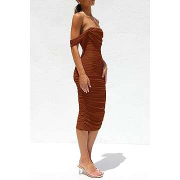PRETTYGARDEN Women's Summer Off The Shoulder Ruched Bodycon Dresses Sleeveless Fitted Party Club Midi Dress (Caramel,Small)