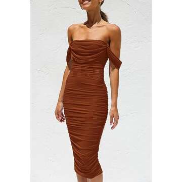 PRETTYGARDEN Women's Summer Off The Shoulder Ruched Bodycon Dresses Sleeveless Fitted Party Club Midi Dress (Caramel,Small)