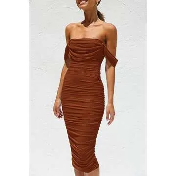 PRETTYGARDEN Women's Summer Off The Shoulder Ruched Bodycon Dresses Sleeveless Fitted Party Club Midi Dress (Caramel,Small)