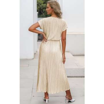 ECOWISH Summer Maxi Dress Women Cocktail Formal Wedding Guest Long Short Sleeve Pleated Dresses Empi...