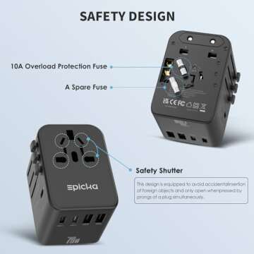 EPICKA Universal Travel Adapter, GaN International Plug Adapter with 3 USB-C 70W PD Fast Charging & 2 USB-A Adaptor All-in-one Wall Charger for USA EU UK AUS (TA-105 Pro, Black)