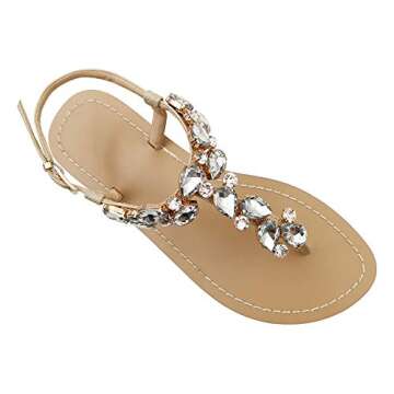 Mayou Women's Rhinestone Flat Sandals, Women Flip Flops with Beadeed Rhinestone Crystal Jeweled Sandal Shoes for Summer Beach Oceanside Holiday Outdoor (9.5-10 M US, Off-White)