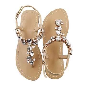 Mayou Women's Rhinestone Flat Sandals, Women Flip Flops with Beadeed Rhinestone Crystal Jeweled Sandal Shoes for Summer Beach Oceanside Holiday Outdoor (9.5-10 M US, Off-White)