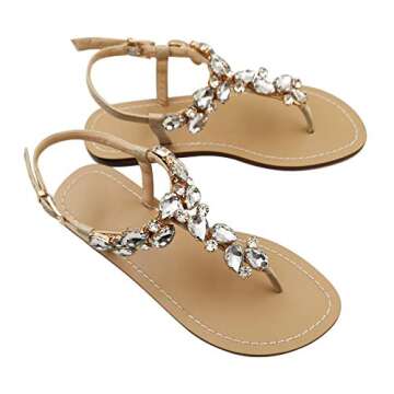 Mayou Women's Rhinestone Flat Sandals, Women Flip Flops with Beadeed Rhinestone Crystal Jeweled Sandal Shoes for Summer Beach Oceanside Holiday Outdoor (9.5-10 M US, Off-White)