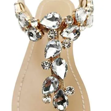 Mayou Women's Rhinestone Flat Sandals, Women Flip Flops with Beadeed Rhinestone Crystal Jeweled Sandal Shoes for Summer Beach Oceanside Holiday Outdoor (9.5-10 M US, Off-White)