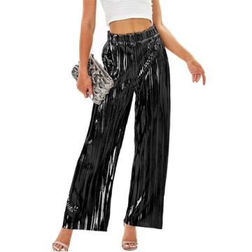 heipeiwa Women's Shiny Pleated Wide Leg Pants Party Nightout High Elastic Waist Trouser Outfit Clubw...
