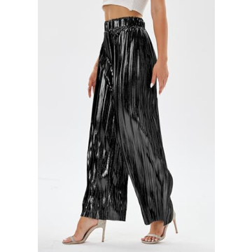 heipeiwa Women's Shiny Pleated Wide Leg Pants Party Nightout High Elastic Waist Trouser Outfit Clubwear
