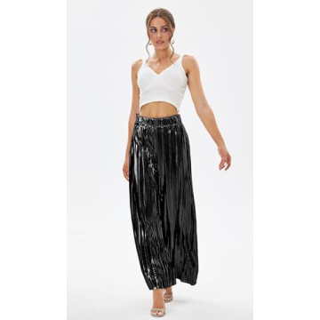 heipeiwa Women's Shiny Pleated Wide Leg Pants Party Nightout High Elastic Waist Trouser Outfit Clubwear