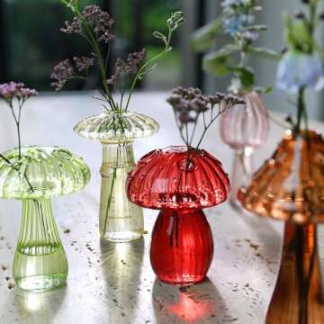 Hafhef Decorative Mushroom Vase Set, Delicate Flower Vases, Cottagecore Room Decor, Unique Glass Bud Vases for Home/Kitchen/Office Decorations