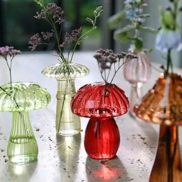 Hafhef Decorative Mushroom Vase Set, Delicate Flower Vases, Cottagecore Room Decor, Unique Glass Bud Vases for Home/Kitchen/Office Decorations