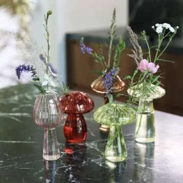 Hafhef Decorative Mushroom Vase Set, Delicate Flower Vases, Cottagecore Room Decor, Unique Glass Bud Vases for Home/Kitchen/Office Decorations