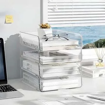OUTIOE 4-Tier Paper Organizer for Desk, Stackable Desk Organizer Paper Tray, Desk Accessories & Workspace Organizers, Ideal for Office Supplies, Paper Storage (Clear, 4-Tier)