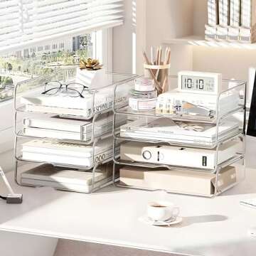 OUTIOE 4-Tier Paper Organizer for Desk, Stackable Desk Organizer Paper Tray, Desk Accessories & Workspace Organizers, Ideal for Office Supplies, Paper Storage (Clear, 4-Tier)