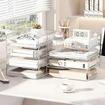 OUTIOE 4-Tier Paper Organizer for Desk, Stackable Desk Organizer Paper Tray, Desk Accessories & Workspace Organizers, Ideal for Office Supplies, Paper Storage (Clear, 4-Tier)