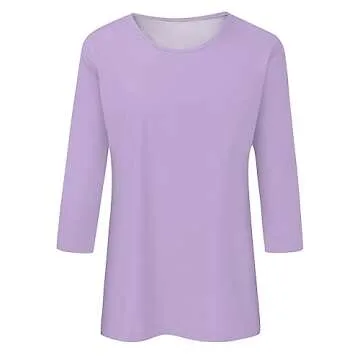 3/4 Length Sleeve Womens Tops Casual Loose Fit Crewneck T Shirts Trendy Three Quarter Length Shirts Ethnic Solid Tunic Tops 3/4 Sleeve T Shirts for Women Spring Shirts for Women 2024 Light Purple
