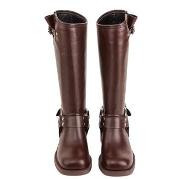 LUMUTA Women's Wide Knee High Brown Cowboy Riding Boots Cowgirl Harness Western Boots