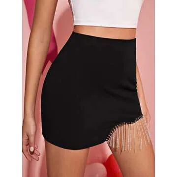 Verdusa Women's Rhinestone Fringe Trim High Waist Short Bodycon Pencil Skirt Black S