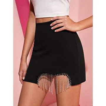 Verdusa Women's Rhinestone Fringe Trim High Waist Short Bodycon Pencil Skirt Black S