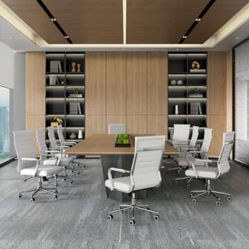 Okeysen White Office Desk Chair, Ergonomic Leather Modern Conference Room Chairs, Executive Ribbed H...