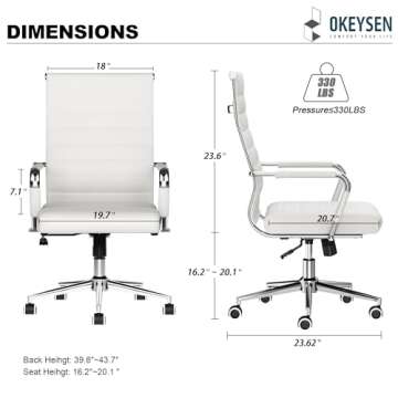 Okeysen White Office Desk Chair, Ergonomic Leather Modern Conference Room Chairs, Executive Ribbed Height Adjustable Swivel Rolling Chair for Home Office.